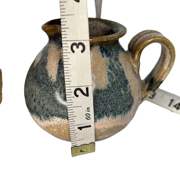 Clay pottery earthenware glazed lidded pot and small pitcher - Picture 10 of 11